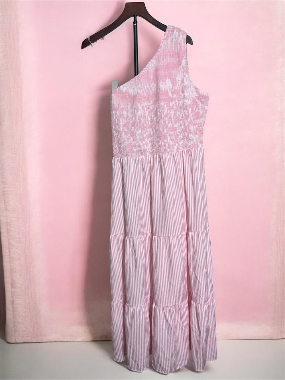 BTFBM XXL Pink Striped One Shoulder Smocked Tiered Maxi Dress